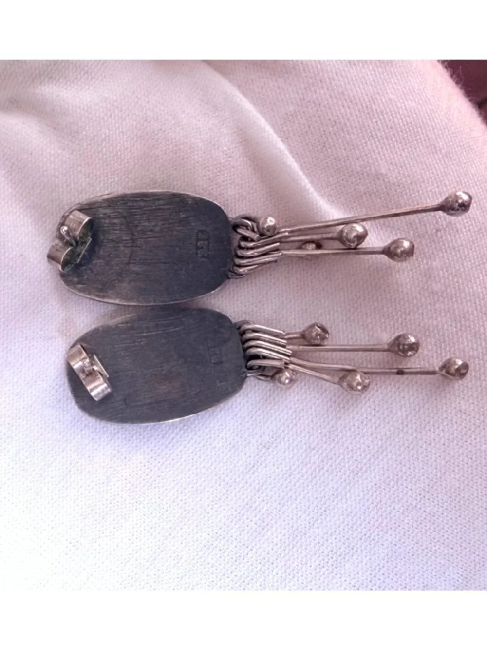 Handcrafted Oxidized Silver Dangle Earrings Red Stone Accent Modern Abstract